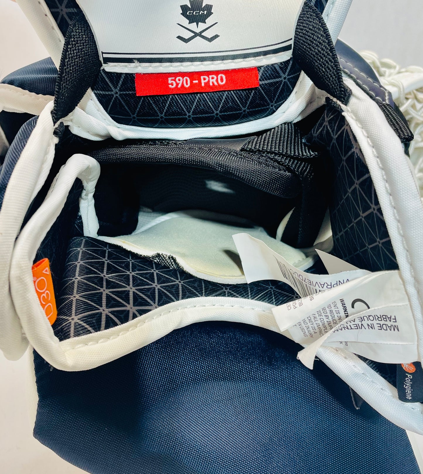 CCM Extreme Flex 6 Pro Stock Goalie Glove - White, Navy, Gold