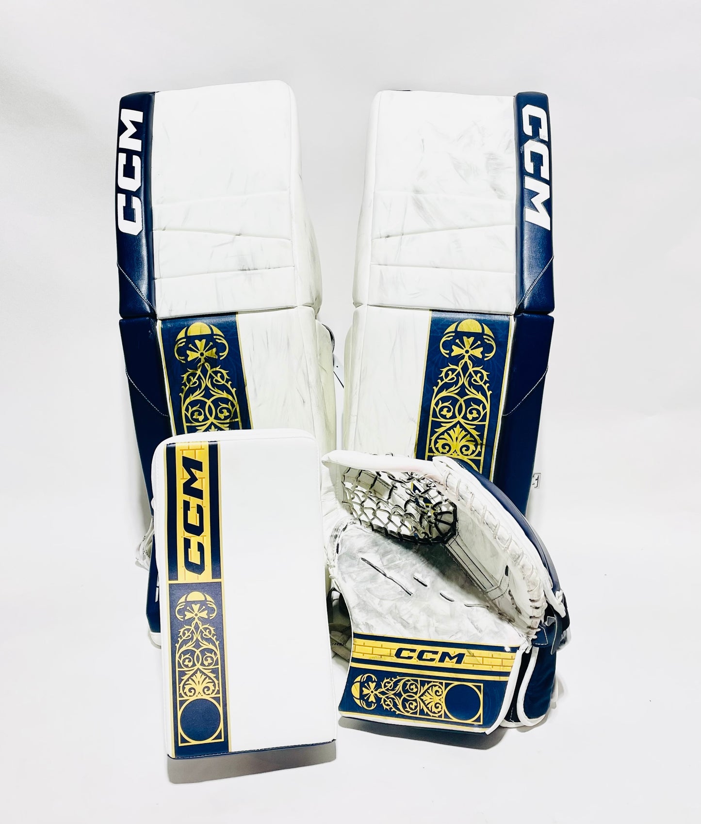 CCM Extreme Flex 6 Pro Stock Goalie Full Set - 35+1" White, Navy, Gold